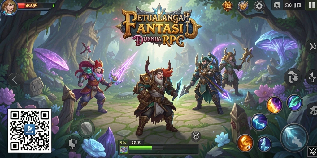 Screenshot gameplay 8QR menampilkan pertempuran epik di dunia RPG.