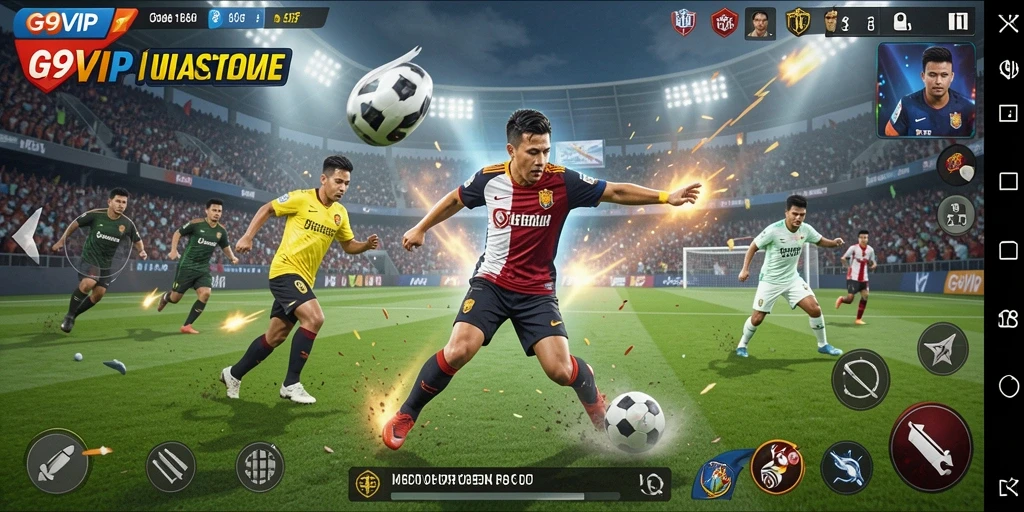 Tangkapan layar gameplay G9VIP dengan aksi sepak bola yang mendebarkan.