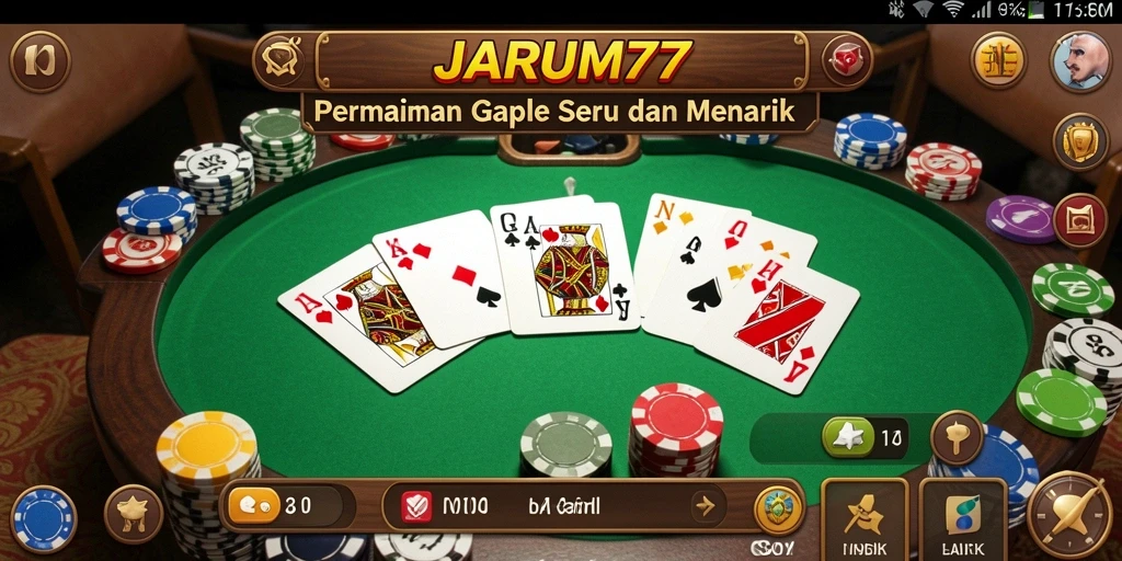 Screenshot utama JARUM77 menampilkan gameplay Gaple yang seru dan interaktif.