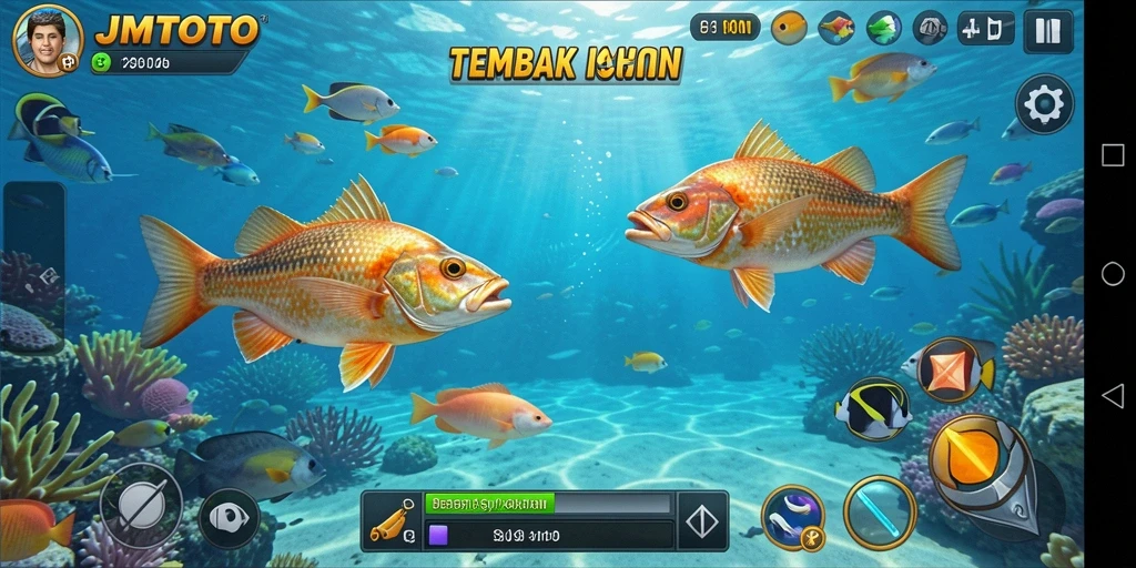 Screenshot permainan JMTOTO menampilkan aksi menembak ikan yang mengasyikkan.