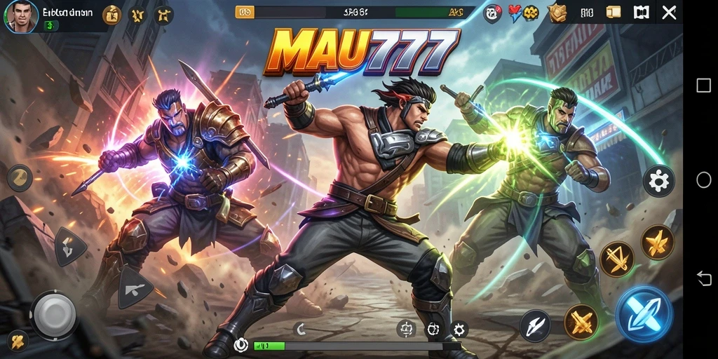 Screenshot utama MAU777 menampilkan pertarungan mendebarkan di dalam game.