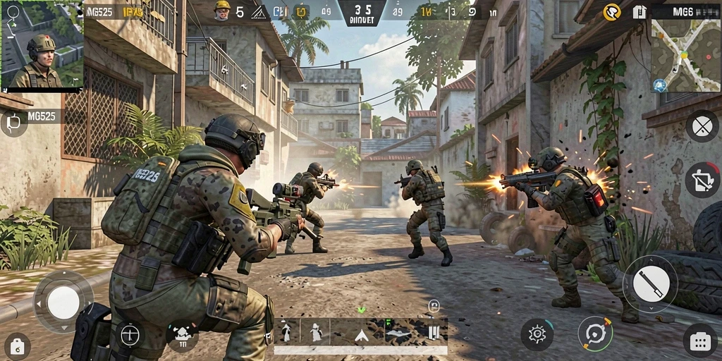 Tangkapan layar menunjukkan adu tembak mendebarkan di dalam game FPS.
