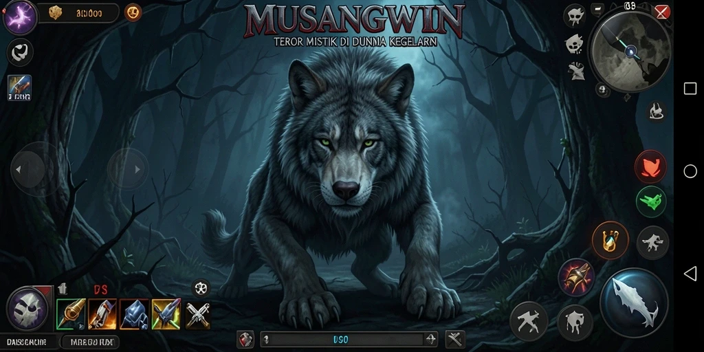 Tangkapan layar gameplay menegangkan dari MUSANGWIN dengan suasana horror.