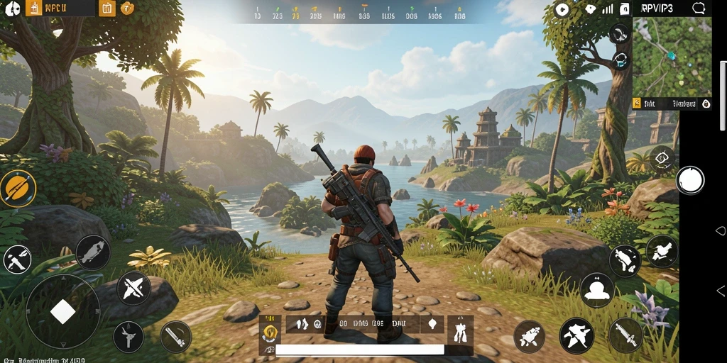 Screenshot gameplay RPVIP3 menampilkan pemandangan indah dunia terbuka yang bisa dijelajahi.