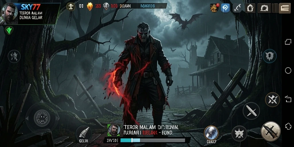 Tampilan gameplay menyeramkan dari <strong>SKY77</strong> dengan suasana gelap dan mencekam.