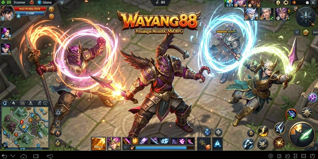 Tampilan gameplay WAYANG88 yang epik dengan karakter dan monster.